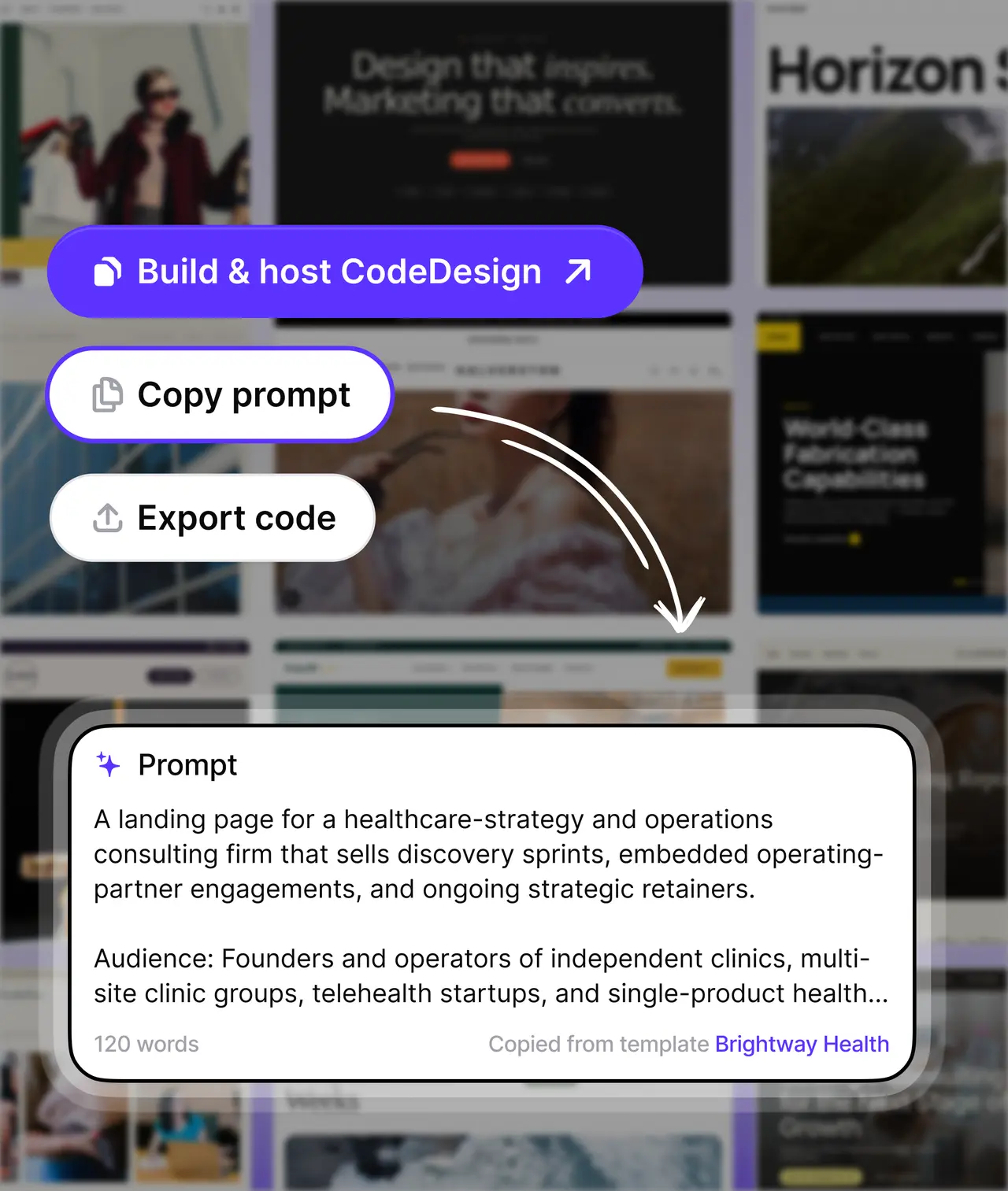 Gallery of website templates with copy-prompt and export-code options