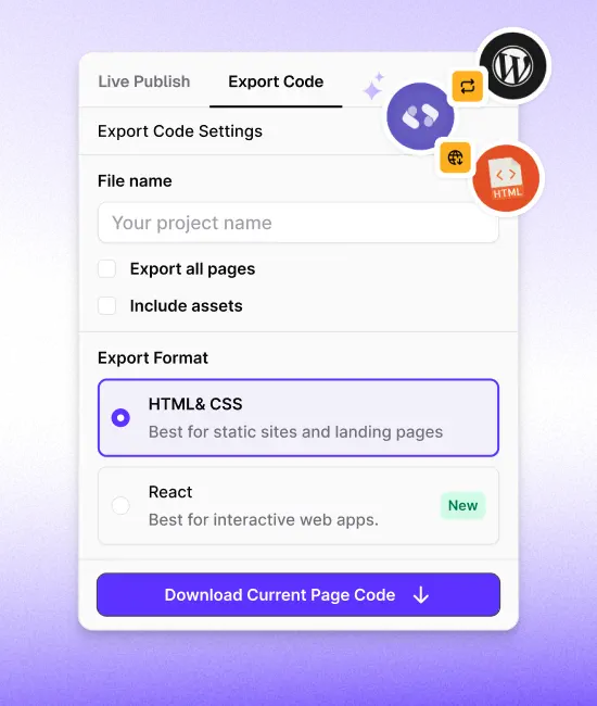 Export Code panel offering HTML, CSS and React download options