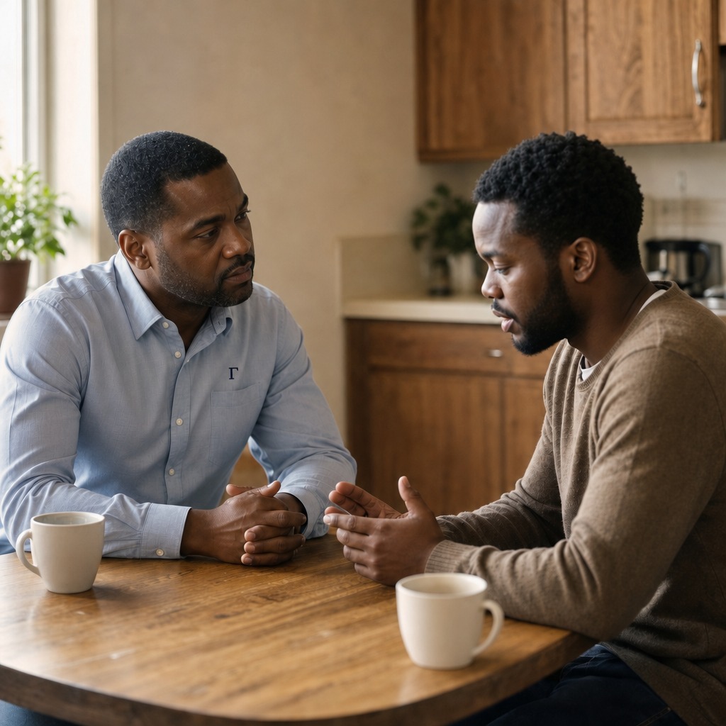 Two Black men in conversation across a kitchen table, listening posture.