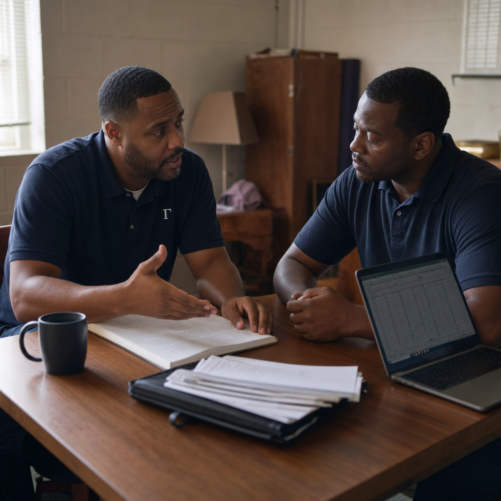 A Gamma Phi Theta brother and a Black founder in the Black Belt of Alabama, working through a notebook of business notes at a small wooden table.