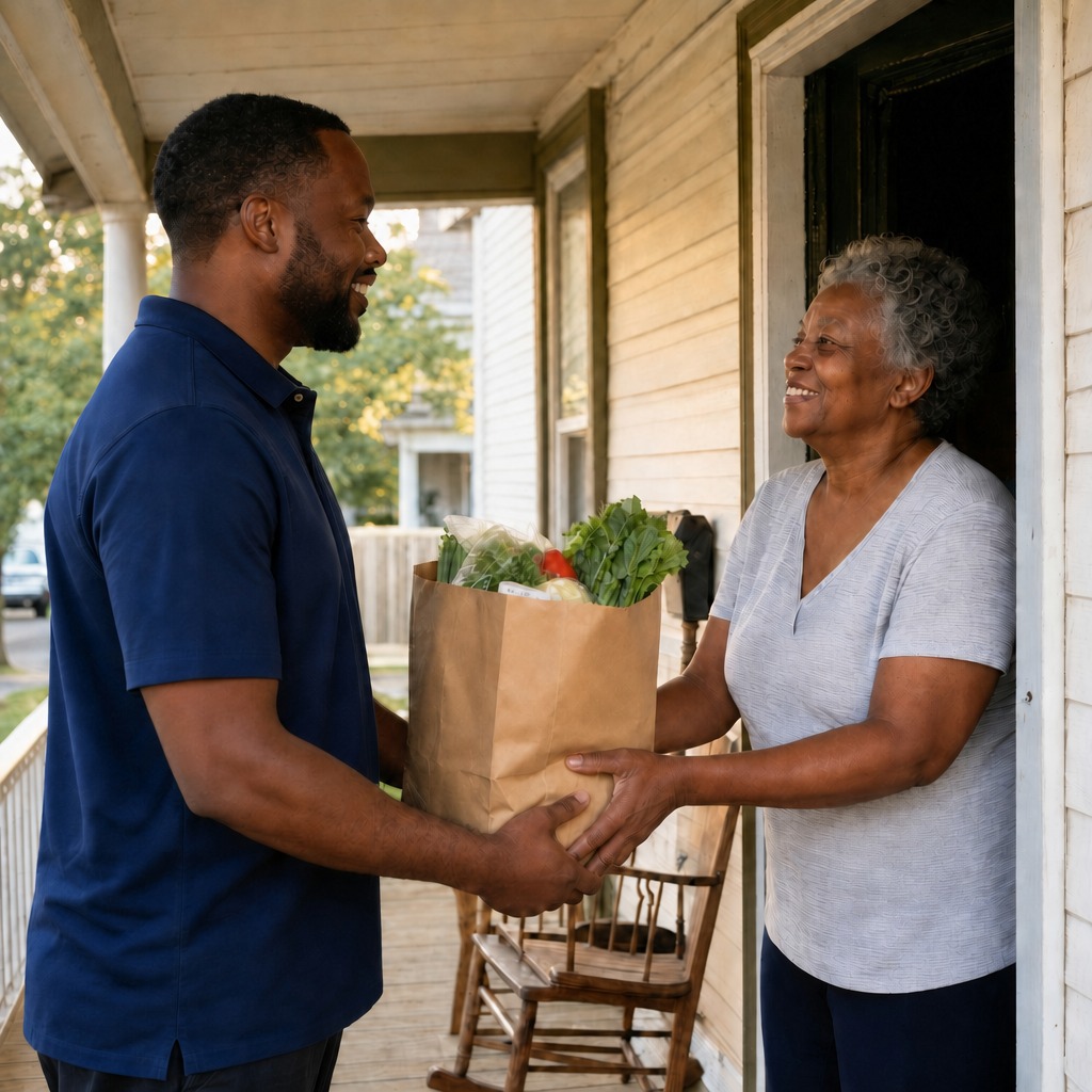 A Gamma brother handing a bag of groceries to an older woman at her front door, an exchange of mutual respect.