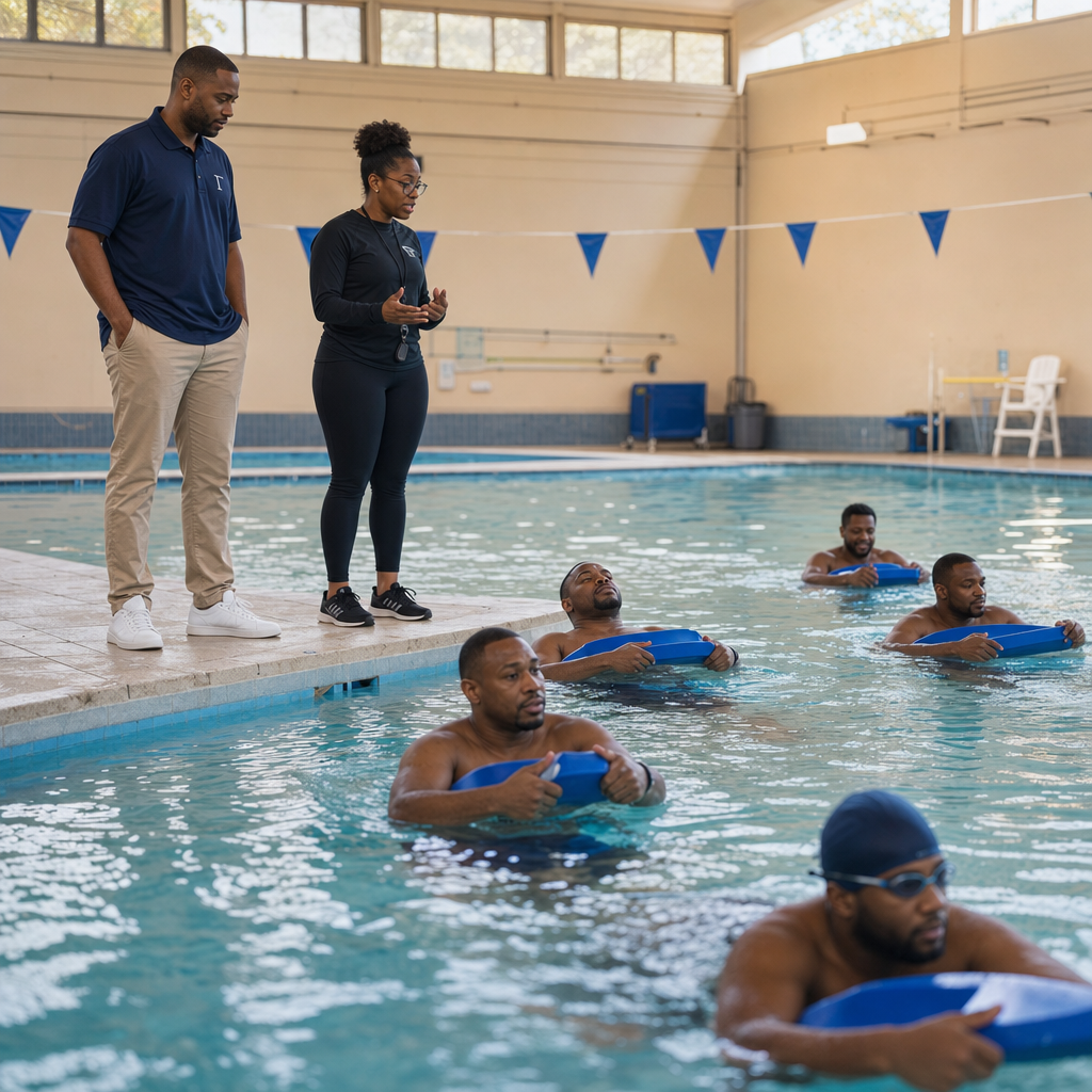 Gamma Phi Theta brother standing pool-side during adult swim lessons
