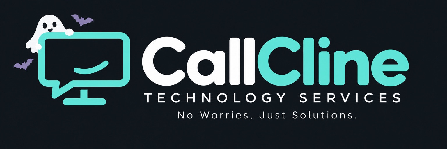 CallCline Technology Services Halloween logo with a ghost and bats
