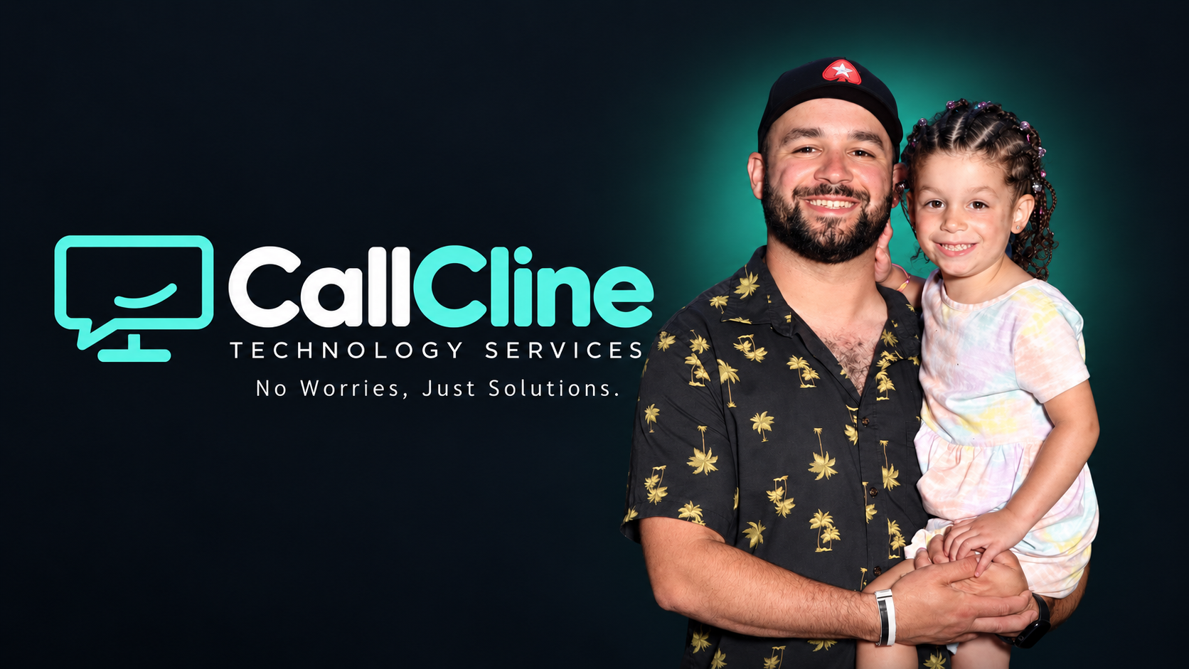 Chris and Kelsey with the CallCline Technology Services logo. No Worries, Just Solutions.