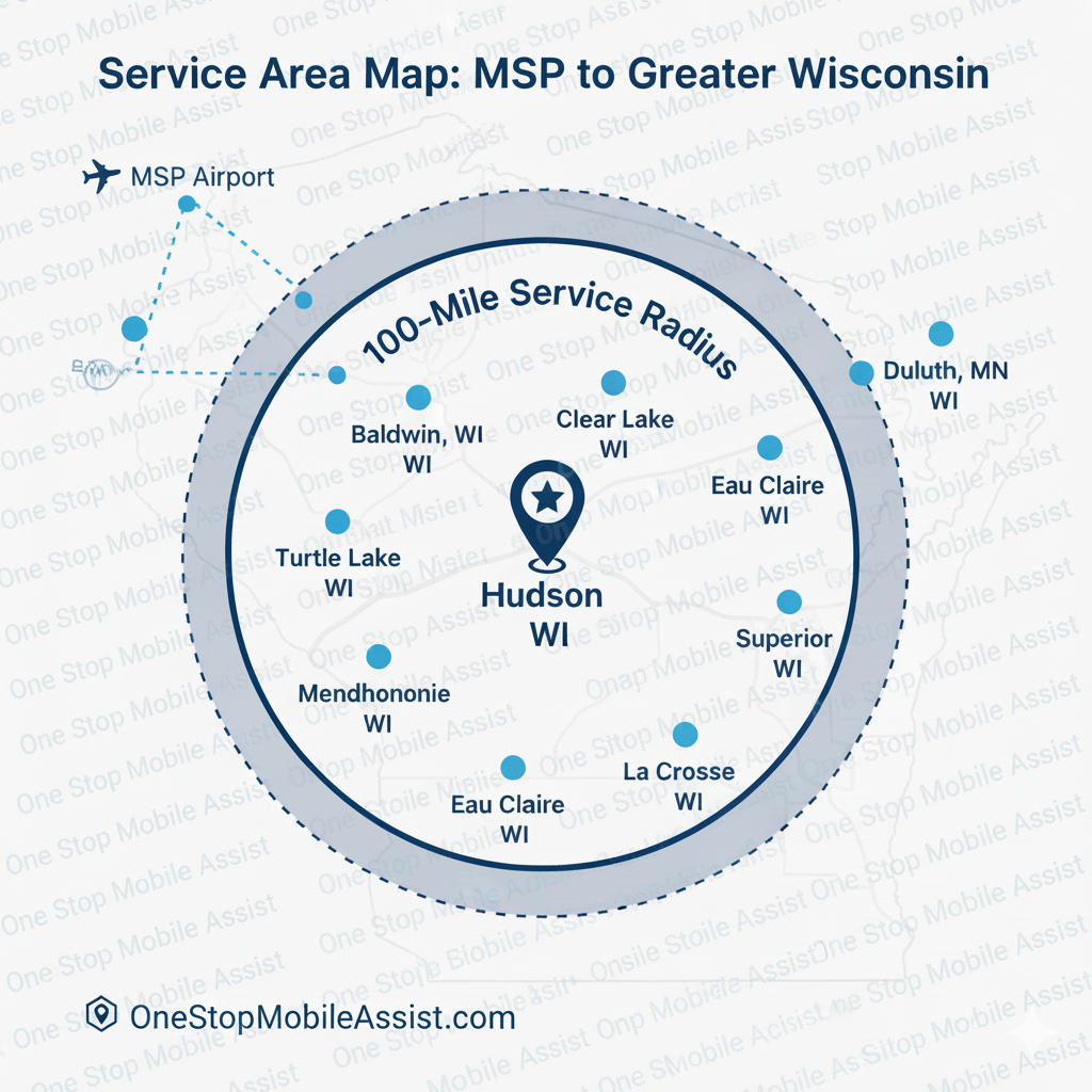 One Stop Mobile Assist Service Map - MSP Airport Taxi to Hudson, Frederic, Turtle Lake, and Superior Wisconsin