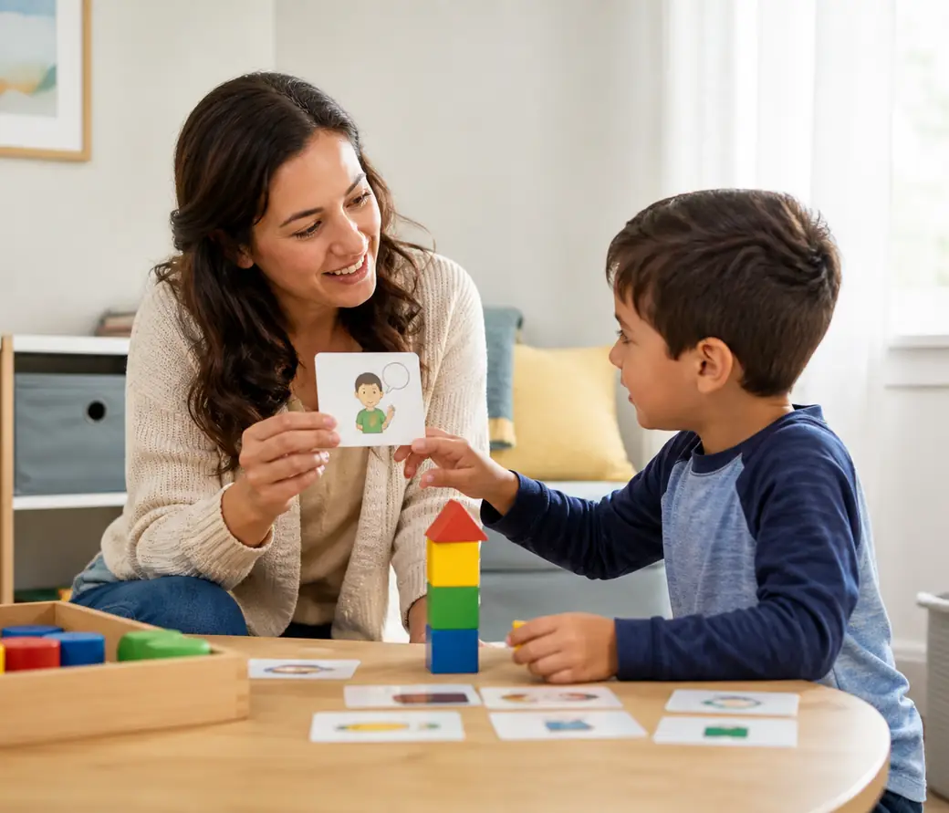 A behavior therapist teaching communication and turn-taking through play with a child