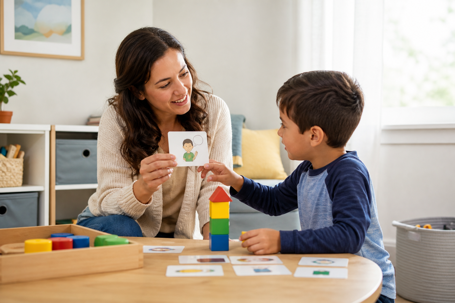 A behavioral therapist teaching communication and turn-taking through play with a child