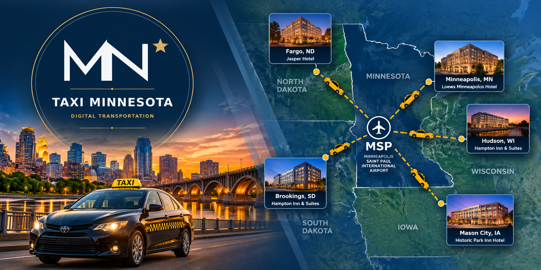 Taxi Minnesota route map showing MSP Airport and neighboring-state transportation connections