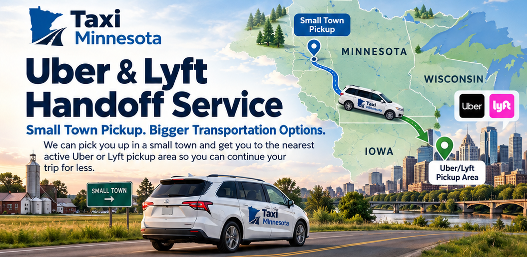 Taxi Minnesota Uber and Lyft Handoff Service. Small-town pickup connecting customers to an active rideshare location across Minnesota, Wisconsin and Iowa.