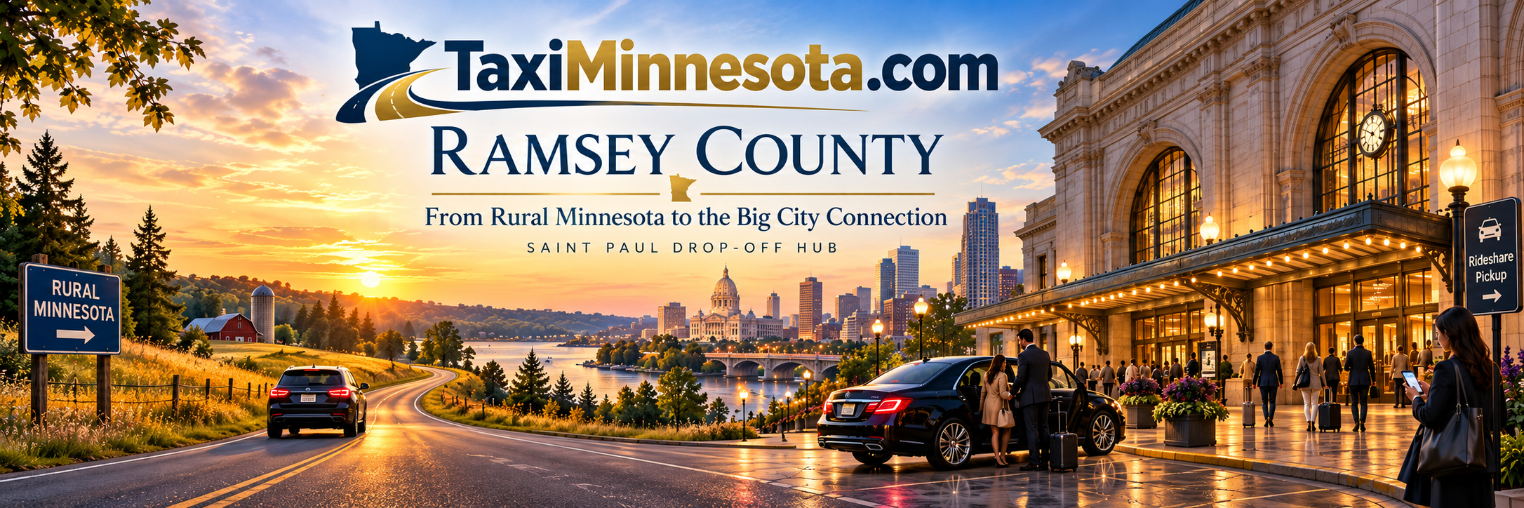 TaxiMinnesota.com Ramsey County banner showing a journey from rural Minnesota to Saint Paul Union Depot for city transportation connections