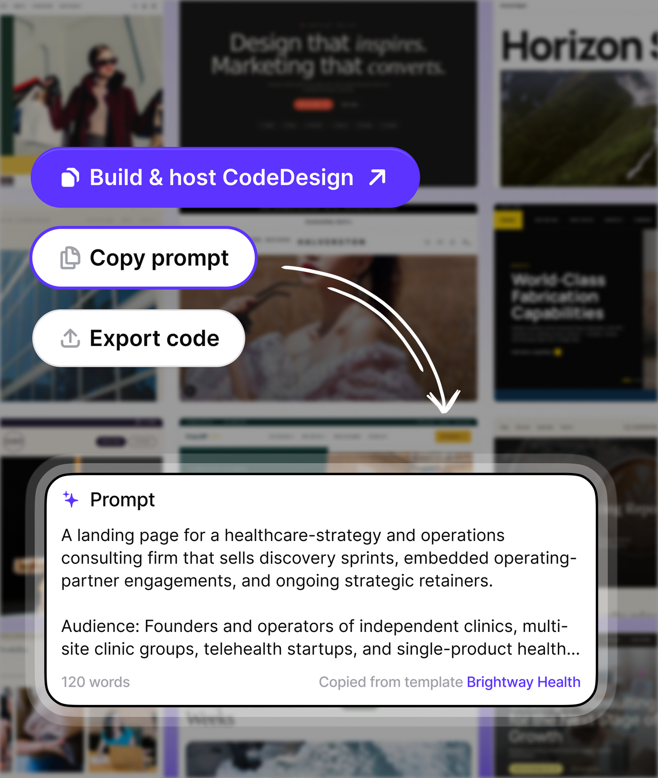 Gallery of website templates with copy-prompt and export-code options