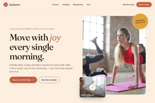 Joybarre fitness studio website template with classes, schedule and booking
